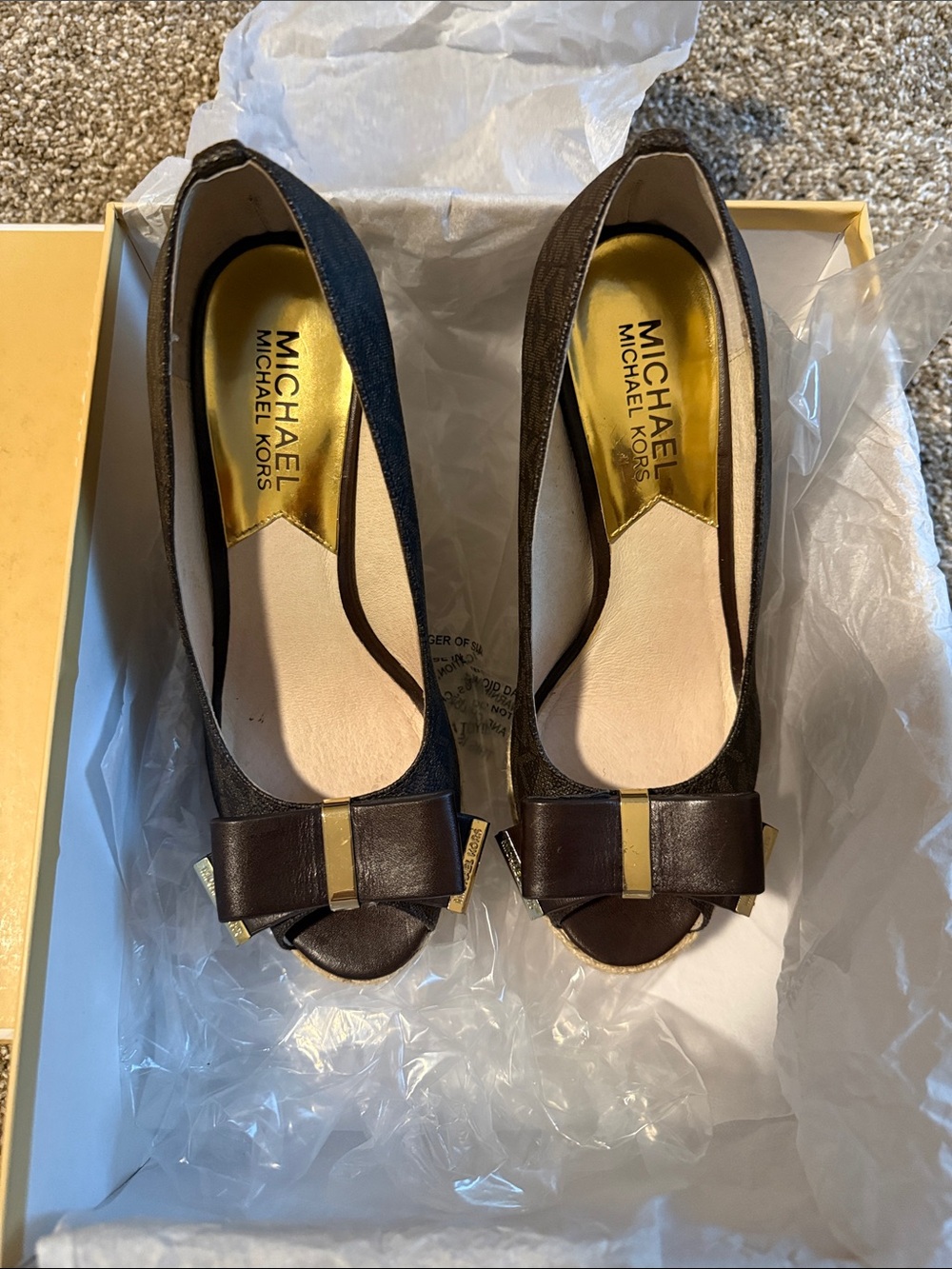 MICHAEL Michael Kors Dark Brown Leather Bow Peep-Toe Flats with Gold Accent